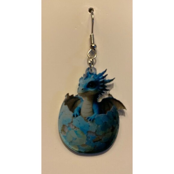 Blue Baby Dragon Hatching from Reptile Egg Earrings Dangle Quirky Whimsical - Picture 2 of 7